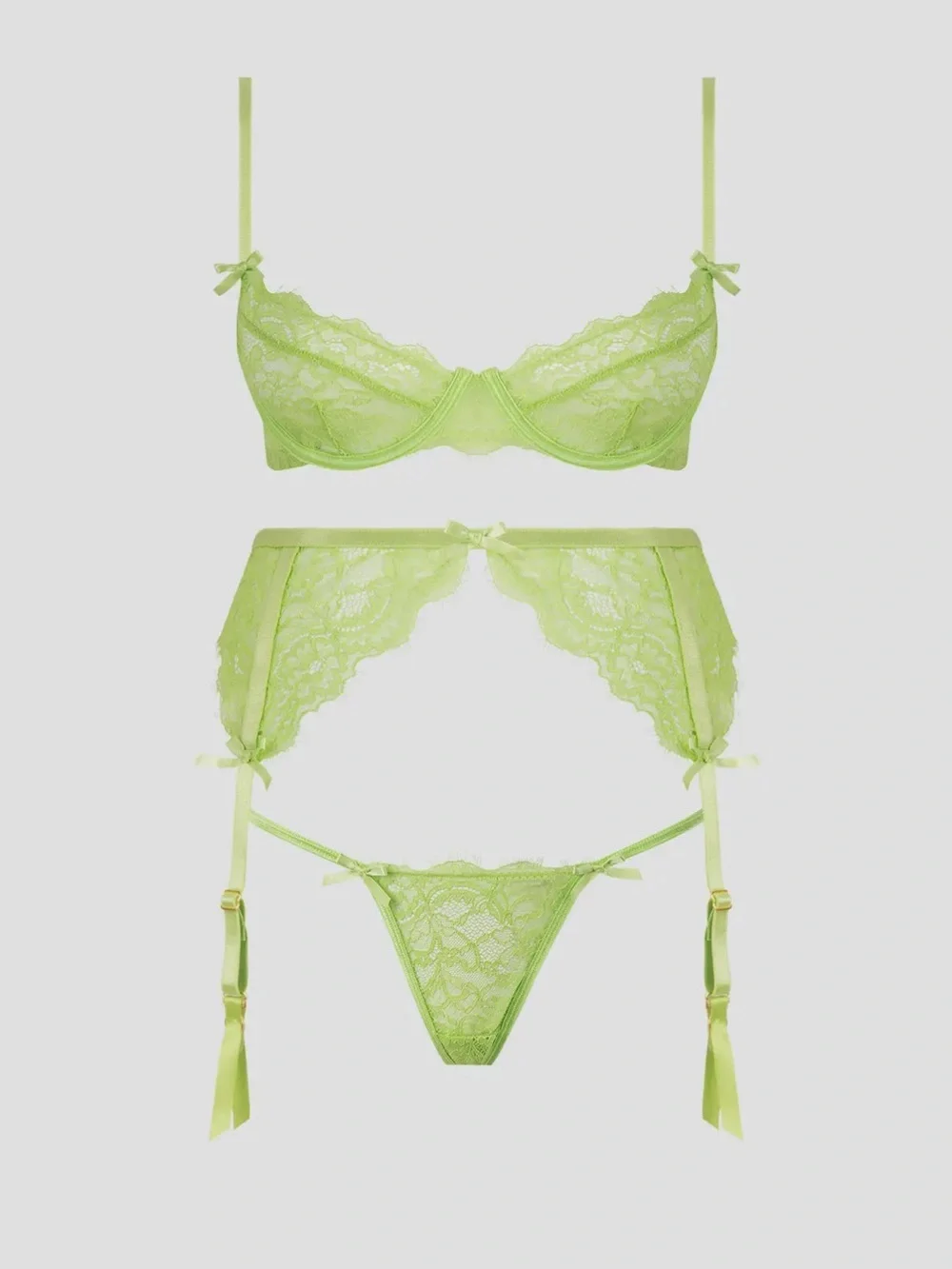 NWT Lime Green Lace Bra Panty & Garter Set
